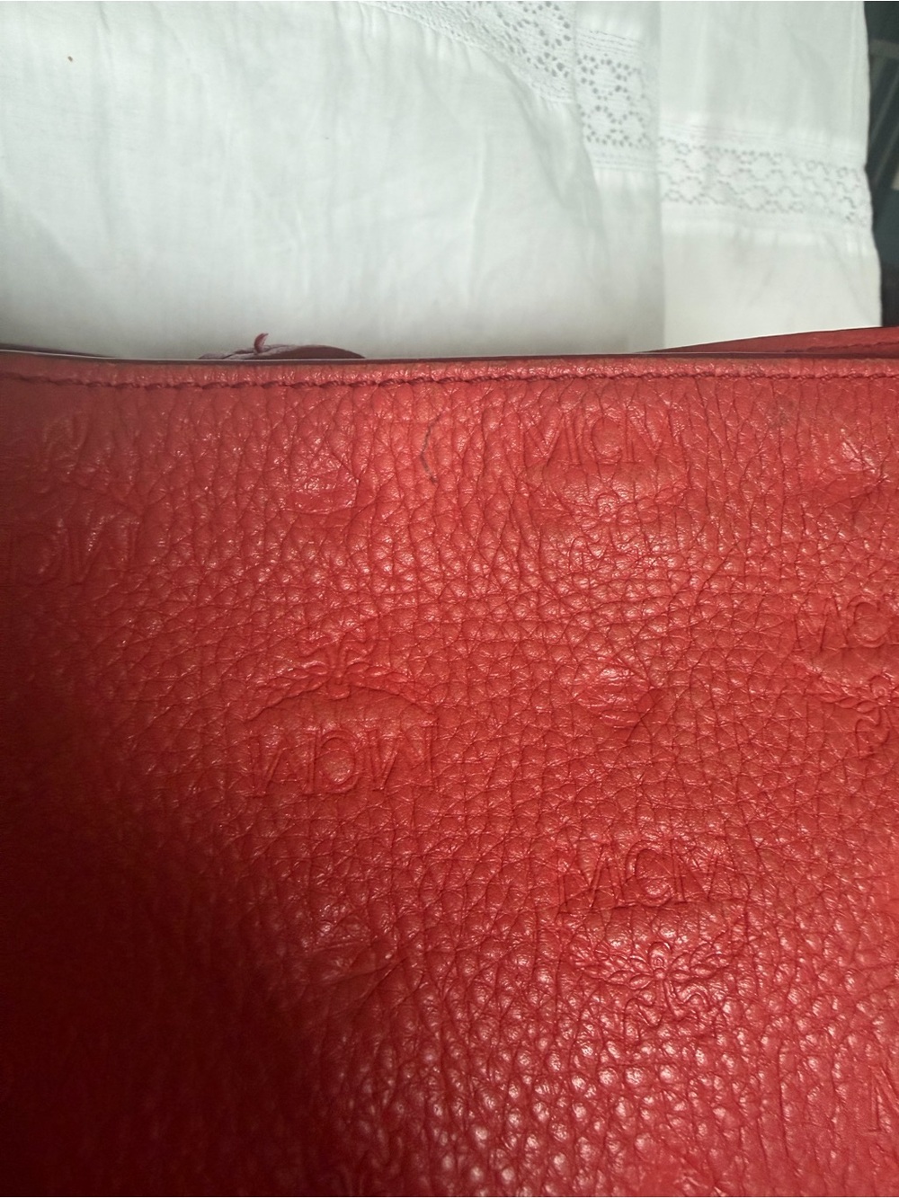 MCM Red Embossed Leather Shoulder Hobo - Picture 12 of 12